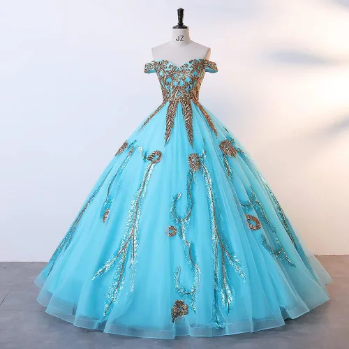 Vista 2 de NGBUY Elegante vestido de baile de tul para mujer, vestido de fiesta con hombros descubiertos, vestido de quinceañera brillante, vestido dulce 16