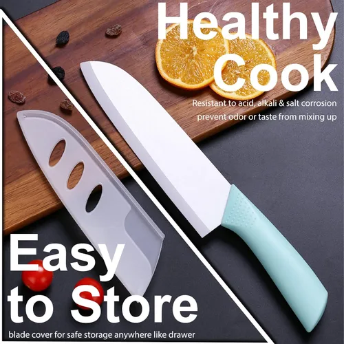 Vista 5 de Cuchillo de cerámica – Cuchillo Santoku de chef de 7 pulgadas – Cuchillo de cocina de cerámica afilado con cubierta de funda