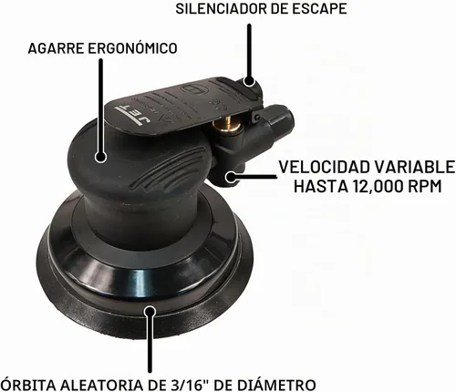 Vista 2 de JET Lijadora de palma orbital aleatoria neumática de 5 pulgadas, 12000 RPM (modelo JAT-730)