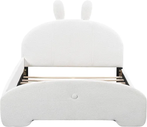 Vista 4 de Cama de plataforma tapizada de tamaño completo con cabecero en forma de orejas de dibujos animados, para muebles de dormitorio de niños
