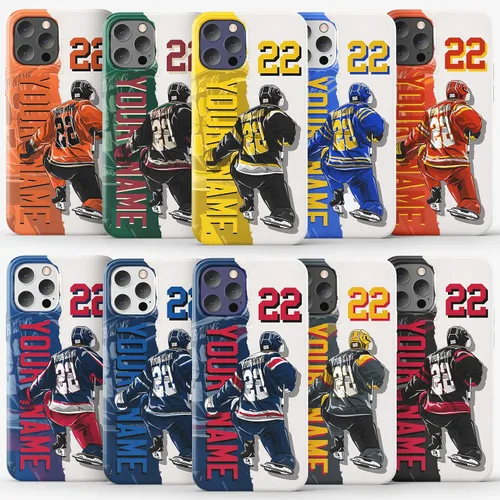 Vista 9 de Funda protectora personalizada con nombre y número de jugador de arte de hockey sobre hielo, compatible con iPhone 16, 15, 14, 12, 13, 11 X, XR, XS