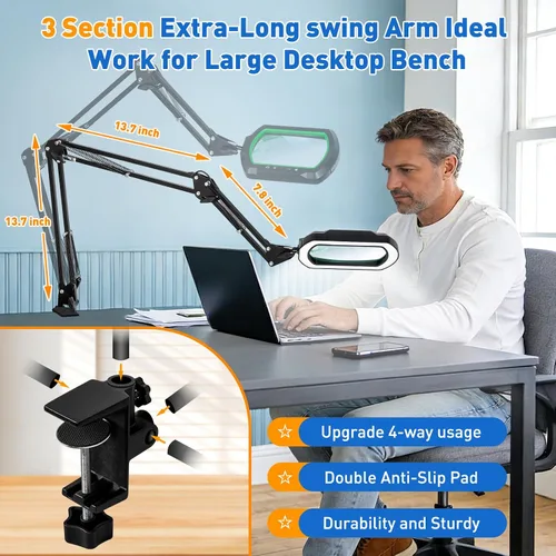 Vista 3 de Lupa iluminada con brazo oscilante de 3 secciones, 12 unidades, ultra larga, lámpara de lupa grande rectangular de 5.3 x 3.2 pulgadas con soporte