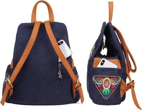 Vista 5 de Denim bordado floral lona mochilas para mujeres antirrobo retro jeans viaje estilo étnico bolso de hombro, MochilaBolso, Unitalla, Jean Azul Marino