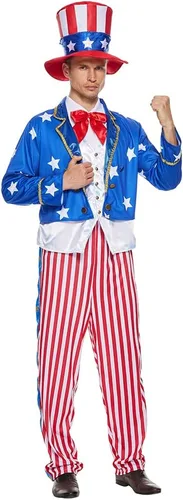 Vista 2 de ReneeCho Conjunto de disfraz de tío Sam para hombre, traje para adultos, 4 de julio, Día de la Independencia americana, vestido de fiesta patriótica