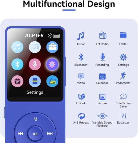 Vista 3 de AGPTEK Reproductor de MP3 A02 con Bluetooth 5.3 y auriculares (azul, 32GB)