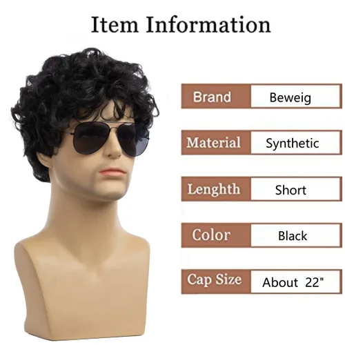 Vista 3 de Peluca negra corta y rizada para hombre, peluca sintética para cosplay, con gorra de peluca