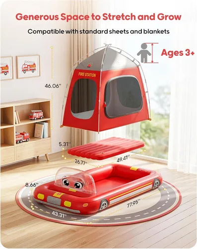 Vista 5 de QPAU Cama de viaje inflable para niños pequeños con tienda de campaña y Rojo