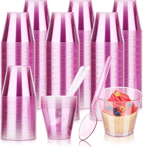 Vista 6 de Tanlade Juego de 100 tazas de postre de 5 onzas con cucharas, vasos de plástico de color para bodas, fiestas de cumpleaños, helados, postres de Azul