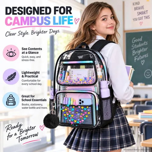 Vista 5 de AGSDON Mochila transparente, resistente bolsa transparente para libros, mochilas de PVC transparente para mujeres y hombres 17 negro transparente