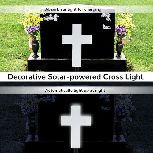 Vista 2 de yeesport Luz de cruz alimentada por energía solar, decoración de cementerio para tumba, cruz de cementerio para tumba, luz LED blanca, luz de estaca