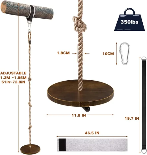 Vista 2 de Yangbaga Columpio de cuerda de disco redondo de madera de 51 a 73 pulgadas, cuerda de escalada ajustable con correa para colgar, gancho a presión