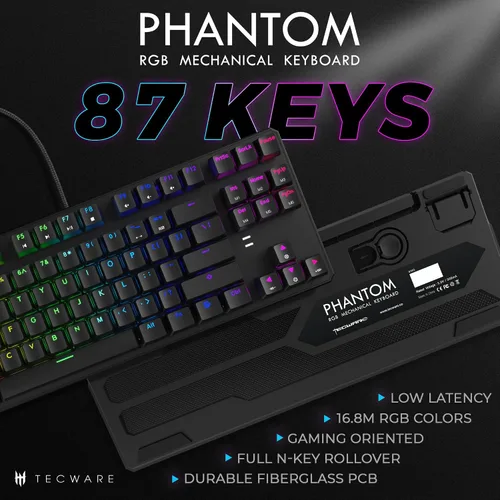 Vista 2 de TECWARE Teclado mecánico para juegos Phantom de 87 teclas RGB Interruptor rojo Outemu Iluminación LED de color de 16.8 M 18 preestablecidos Baja