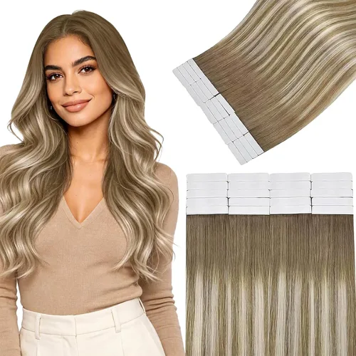 Vista 22 de Easyouth Extensiones de cabello humano rubio con cinta, extensiones de cabello humano rubio blanco, 12 pulgadas, 20 unidades, 1.06 onzas, para Una