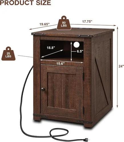 Vista 2 de IFGET - Mesita de noche con estación de carga, mesa auxiliar de 20" estilo granja con puerta de granero, mesa de sofá rústica de madera para cama