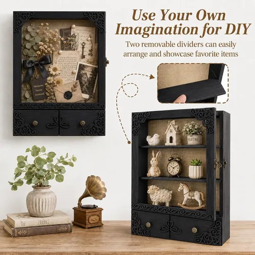 Vista 4 de Marco de caja de sombra de 11 x 16 con luz, vitrina conmemorativa con estantes, cajón y ranura para recuerdos, caja grande de sombra profunda