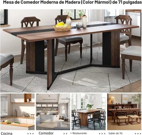 Vista 7 de Hlivelood - Mesa de comedor de 71 pulgadas para 6 personas, mesa de cocina rectangular moderna color marrón con superficie de madera impermeable