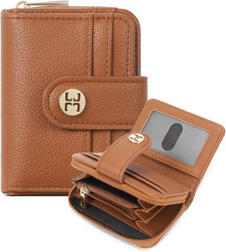 Vista 8 de Telena Cartera delgada para mujer, con bloqueo RFID, tarjetero de cuero con llavero plateado, color beige
