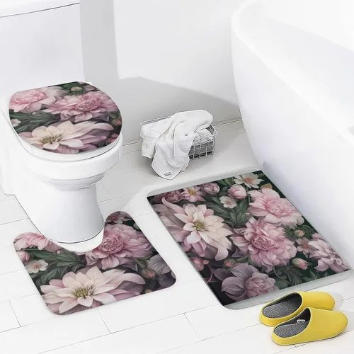 Vista 4 de Juego de 4 cortinas de ducha con alfombras, juego de baño con cortina de ducha y alfombras, 4 piezas, flores femeninas, lila, rosa, rubor, verde
