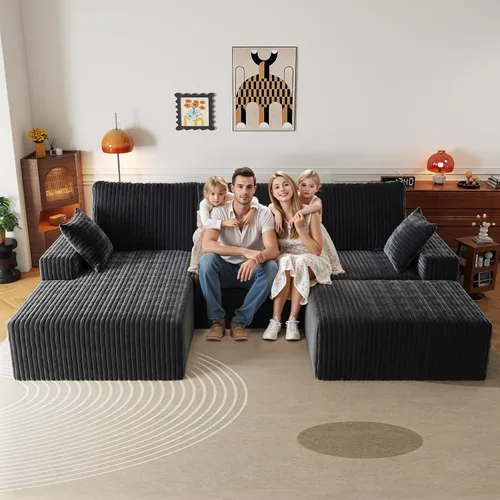 Vista 18 de Sofá seccional en forma de U de 108 pulgadas con otomana, sofá seccional modular de pana con asiento profundo, sofá modular moderno en forma de L
