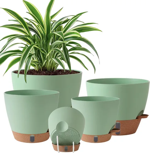 Vista 11 de Paquete de 5 macetas de riego automático de 6 pulgadas para plantas de interior, macetas pequeñas de plástico con indicador de nivel de agua