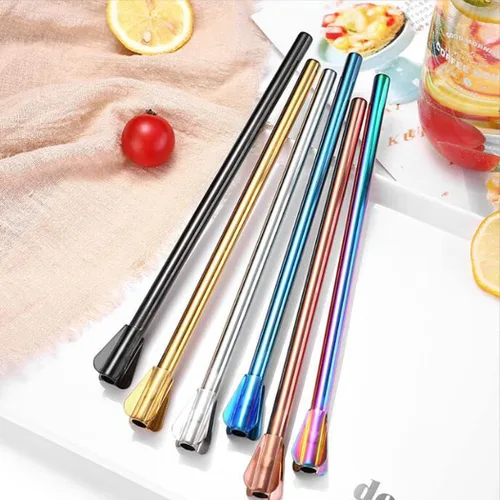 Vista 4 de Hoshen Juego de 4 pajitas de acero inoxidable de 9 pulgadas, pajitas gruesas de metal con punta en espiral para batidos, licuados de frutas, bebidas