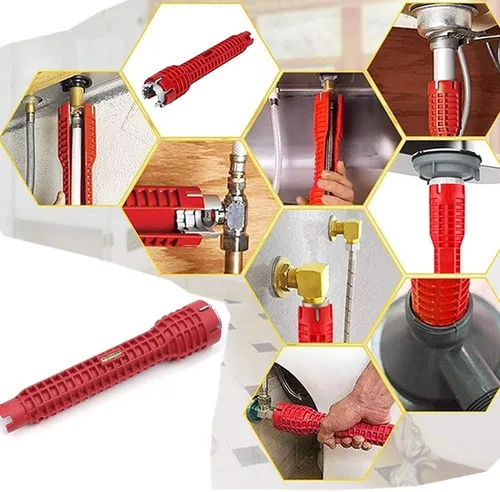 Vista 2 de Instalador de grifo y fregadero 8 en 1, llave de tubo multifuncional antideslizante, herramienta de fontanería para fregadero, baño, cocina (rojo)