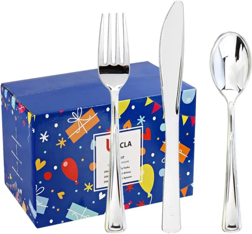 Vista 10 de bUCLA 600 cubiertos de plástico dorado – Utensilios dorados desechables – Juego de cubiertos de plástico resistente – 200 tenedores, 200 cucharas