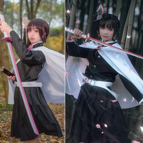 Vista 2 de UZAIN Disfraz de cosplay para mujer, disfraz de anime Kamado Tsuyuri Shinobu Mitsuri, conjunto completo con bambú