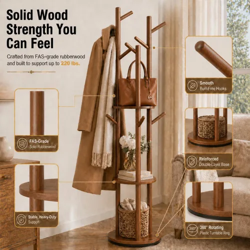 Vista 6 de Perchero giratorio de madera maciza independiente, árbol de 360° con 3 estantes y 9 ganchos, soporte de madera de caucho resistente, perchero