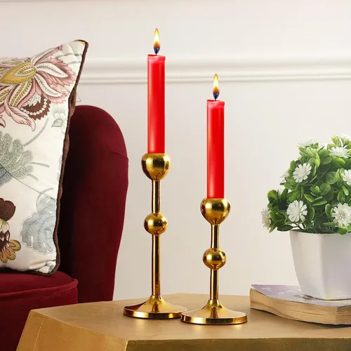 Vista 4 de Rely+ Juego de 2 portavelas cónicos dorados para mesa de café, centro de mesa, candelabros, portavelas cónicos, decoración para el hogar, mantel