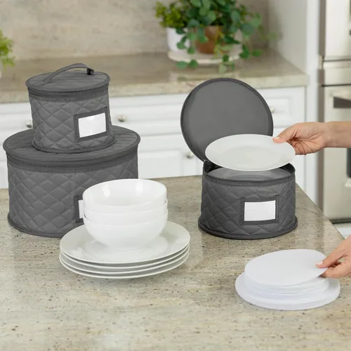 Vista 4 de Paquete de 2 cajas de almacenamiento de platos pequeños de 6 pulgadas, contenedor de almacenamiento de China, apilable con interior acolchado