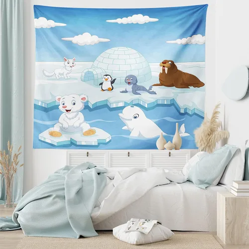 Vista 6 de Ambesonne Tapiz de animales tamaño King, imagen de animales árticos, osos polares, foca, pingüinos, lobos, ballenas, obra de arte, colcha