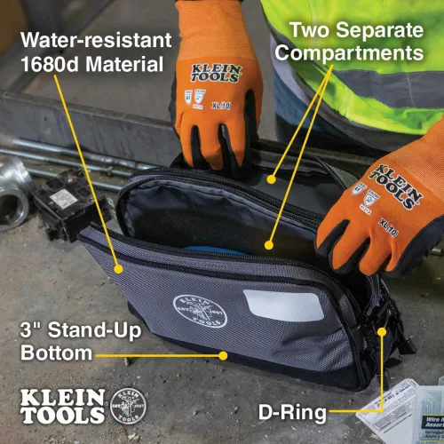 Vista 2 de Klein Tools Bolsa de herramientas, compartimentos dobles, organizador de bolsas de herramientas de alta resistencia, bolsa multiusos Gris