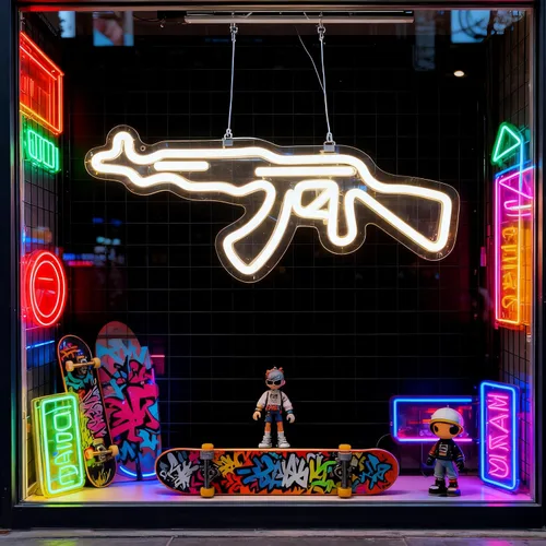 Vista 2 de Letrero de neón AK47Gun, arte de pared LED en forma de pistola, luz de neón LED alimentada por USB para decoración de pared en cueva de hombre, sala