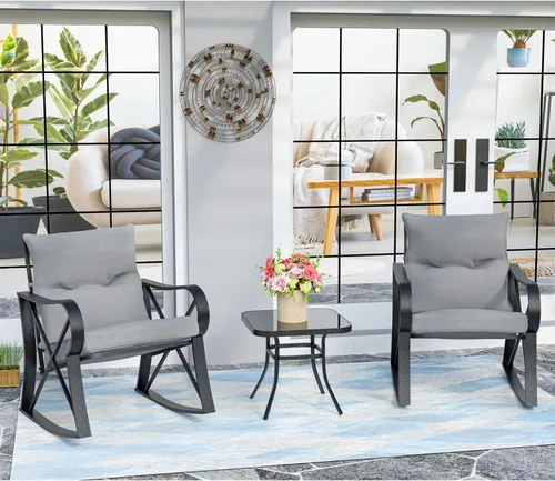 Vista 7 de HOMPUS Juego de 3 sillas mecedoras para exteriores, juego de muebles de mimbre para patio, marco de metal, juego de rocas para patio con cojines