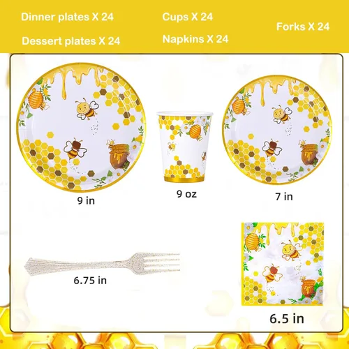 Vista 2 de Suministros de fiesta de abejas, platos y servilletas de abejas, vasos, servilletas y tenedores, decoraciones de fiesta de abejas para baby shower