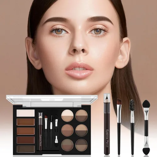 Vista 5 de Juego de paletas de polvo para cejas, 12 colores, 5 máscaras, 4 plantillas, pincel y lápiz, gel voluminizador para cejas naturales