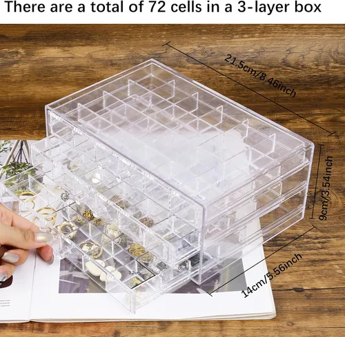 Vista 2 de Caja organizadora de cuentas para aretes, collar, joyero (3 cajones con 72 rejillas)