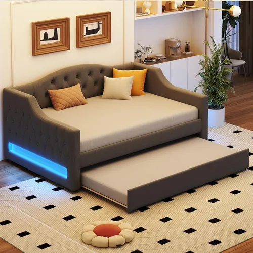 Vista 22 de Cama Diván Moderna Tamaño Twin XL con Cinturón LED y Cama Nido, Marco de Cama Plataforma de Madera con Cabecera Tapizada con Almacenamiento, Sofá