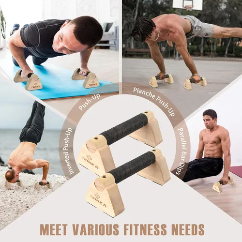 Vista 7 de Barras de levantamiento de paraletas de madera, 2 barras de calistenia de madera con base antideslizante, asas de flexión para gimnasio en el piso