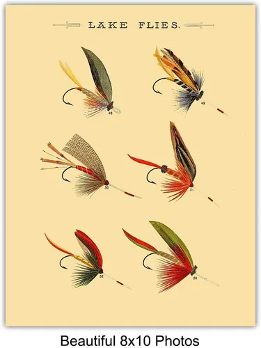 Vista 4 de Impresiones artísticas vintage de señuelos para pared, juego de cuatro fotos (8 x 10) sin marco, es un gran regalo para pescadores con mosca