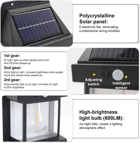 Vista 4 de Luces solares de pared para exteriores, lámpara inalámbrica de porche del atardecer al amanecer, linterna solar de pared con 3 modos y sensor