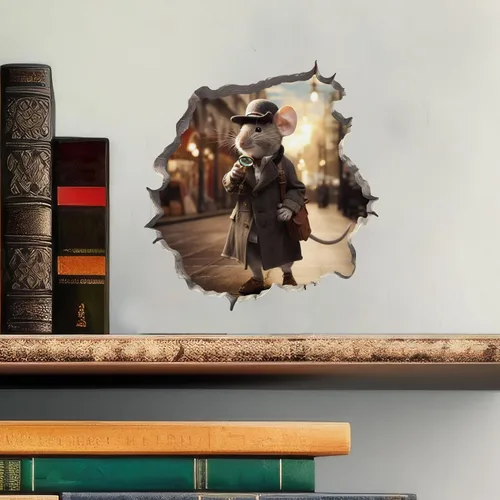 Vista 2 de Detective Sherlock Holmes Mouse in Mouse Hole Calcomanía de pared 3D