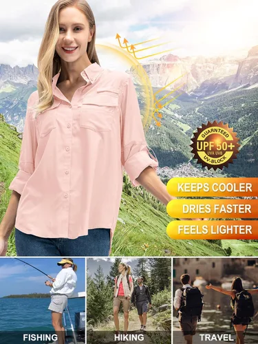 Vista 6 de Camisas Safari de manga larga con protección solar UV UPF 50 para mujer 6 Rosa