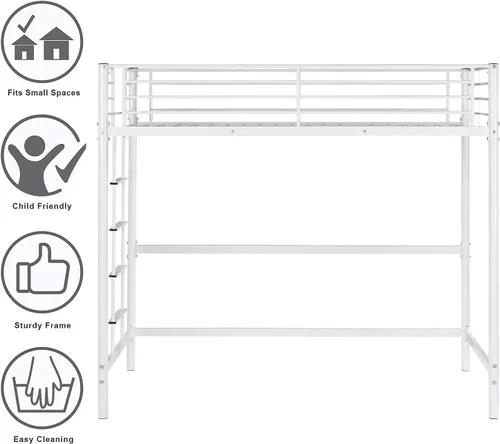 Vista 5 de Bonnlo Cama alta de metal con escaleras y peldaño plano, cama junior de tamaño matrimonial alta para niños, adolescentes y adultos, no requiere