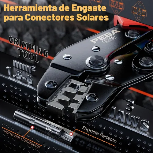 Vista 8 de PEBA Kit de herramientas de prensado, crimpadora solar para cable de panel solar AWG 16-10, con 6 pares de conectores solares IP68 y 1 par de llave