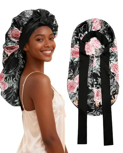 Vista 13 de AWAYTR - Gorro de satén para trenzas y cabello largo durmiendo para mujeres Long Satin Sleep Cap With Adjustable Tie Band, Protecting Braids Curly