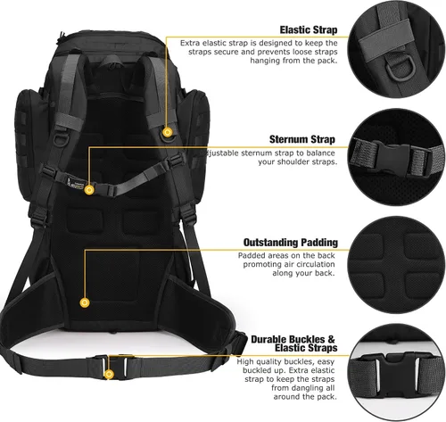 Vista 5 de Mardingtop Mochila de marco interno de 50L, Negro, Táctica
