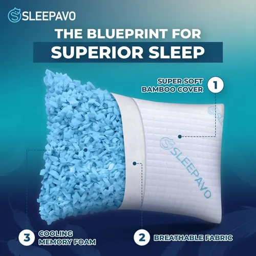 Vista 3 de Sleepavo Juego de 2 almohadas ajustables de espuma viscoelástica trituradas tamaño Queen, almohadas refrescantes extra suaves para dormir, espalda