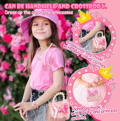 Vista 3 de LSSAGOON Bolso para niñas pequeñas, bolso con juego de joyas para niños, mini bolso cruzado de perla, regalos para cumpleaños y Navidad, Púrpura